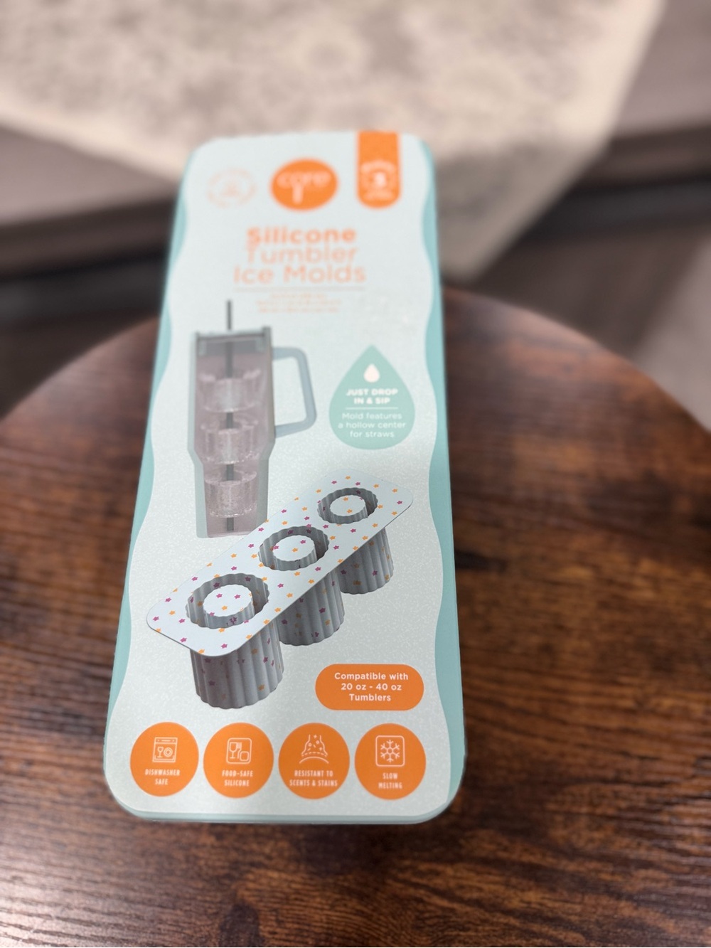 Silicone Tumbler Ice Molds in Light Teal with Orange Accents